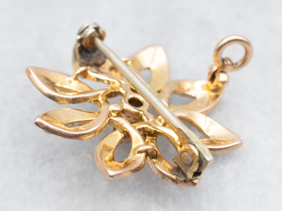 Antique Old Mine Cut Diamond and Seed Pearl Flower Pin or Pendant