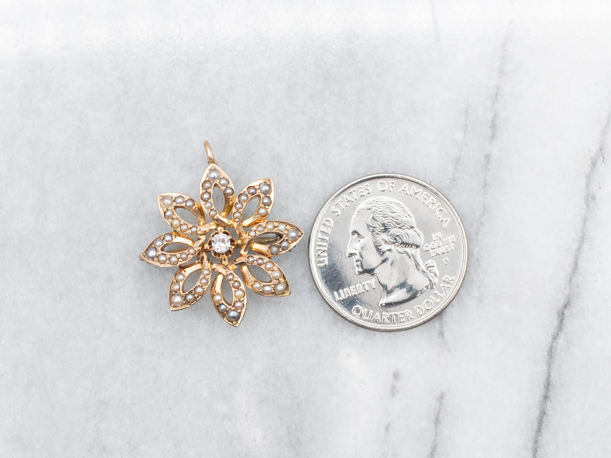Antique Old Mine Cut Diamond and Seed Pearl Flower Pin or Pendant