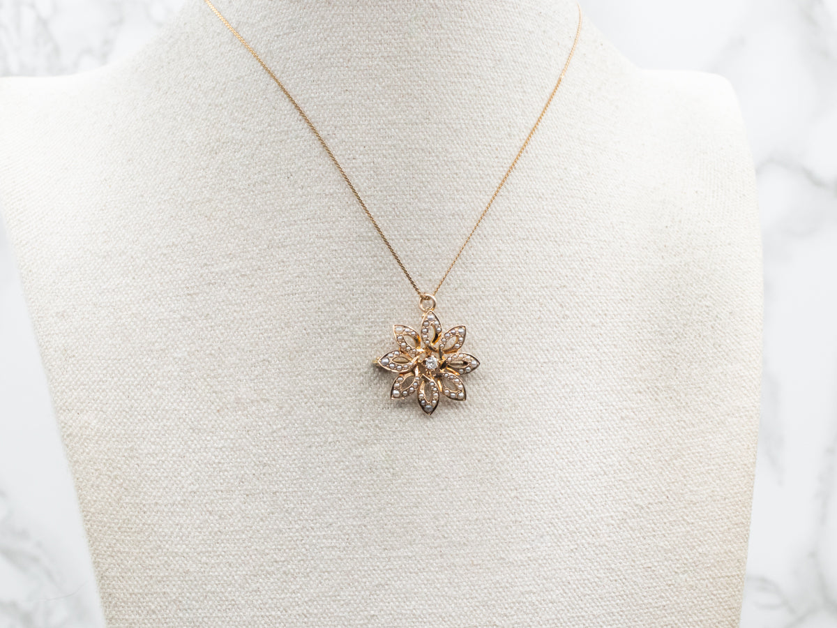 Antique Old Mine Cut Diamond and Seed Pearl Flower Pin or Pendant