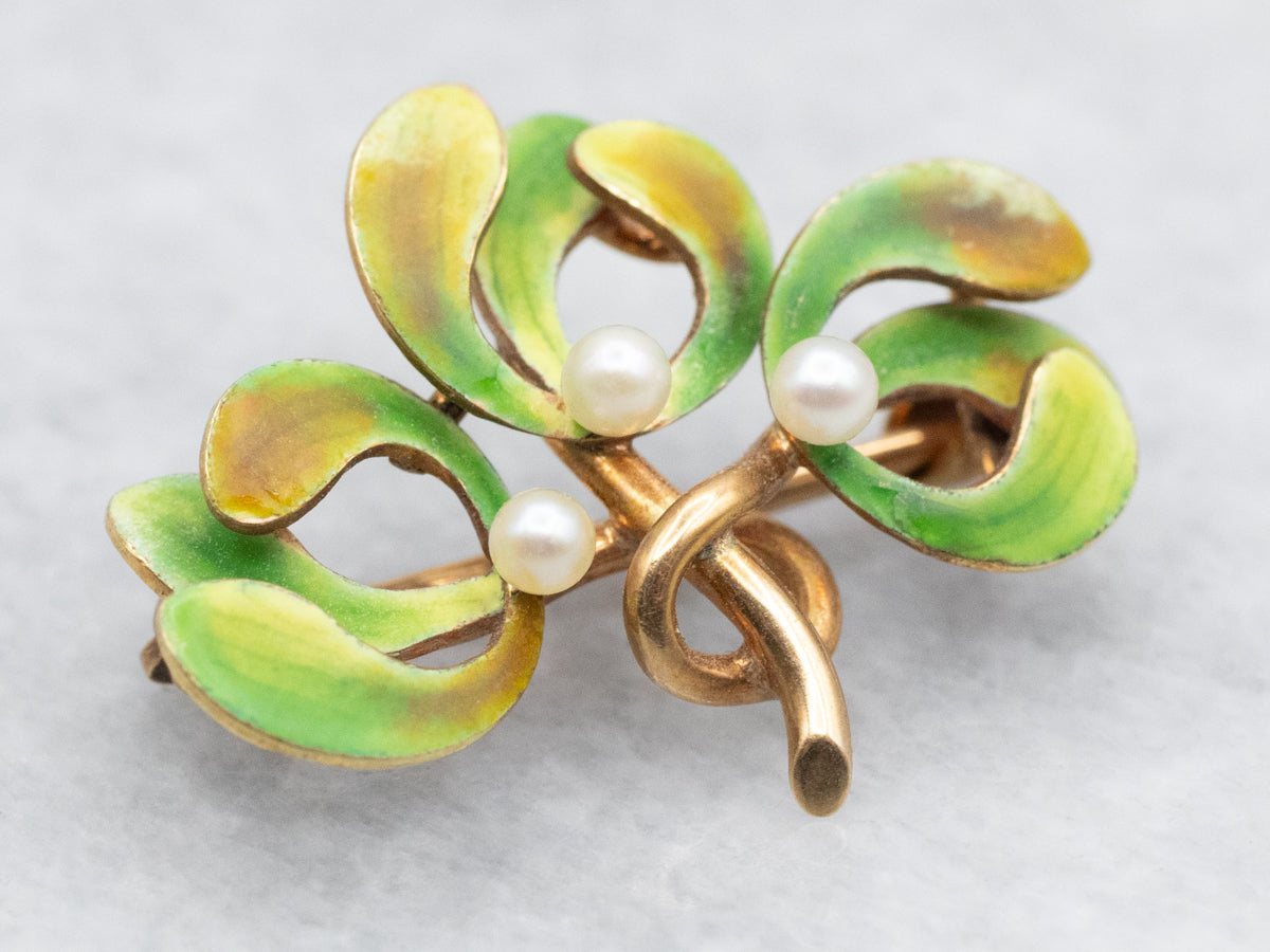 Art Nouveau Green Enamel and Seed Pearl Botanical Brooch