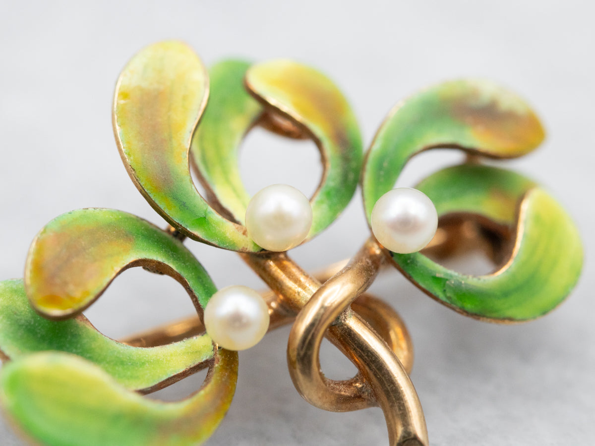 Art Nouveau Green Enamel and Seed Pearl Botanical Brooch