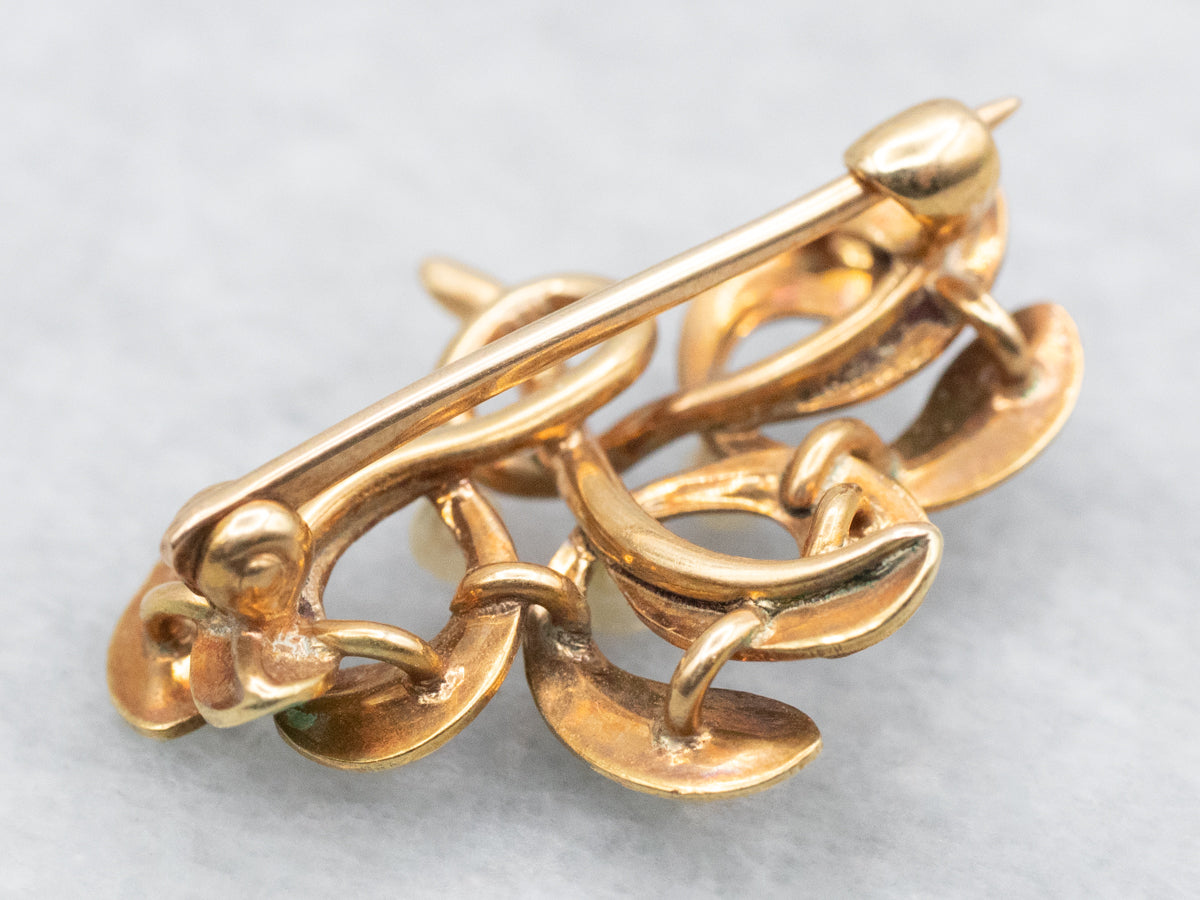 Art Nouveau Green Enamel and Seed Pearl Botanical Brooch