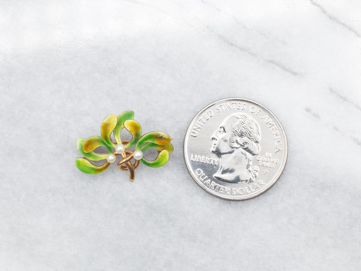 Art Nouveau Green Enamel and Seed Pearl Botanical Brooch