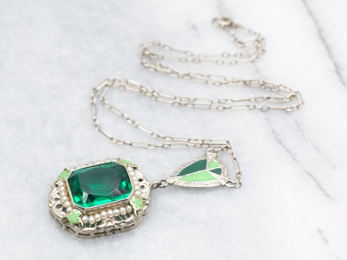Art Deco Era Green Glass Seed Pearl and Enamel Necklace