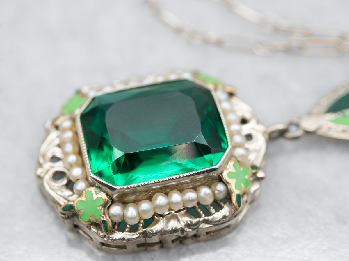 Art Deco Era Green Glass Seed Pearl and Enamel Necklace