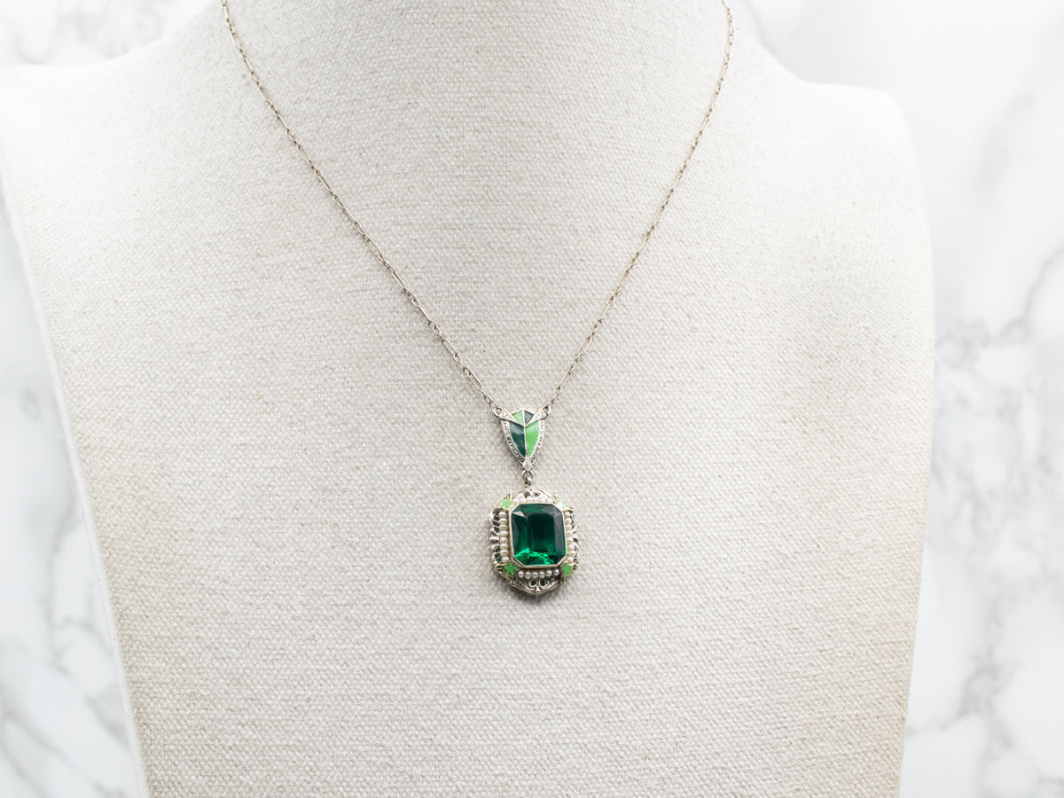 Art Deco Era Green Glass Seed Pearl and Enamel Necklace