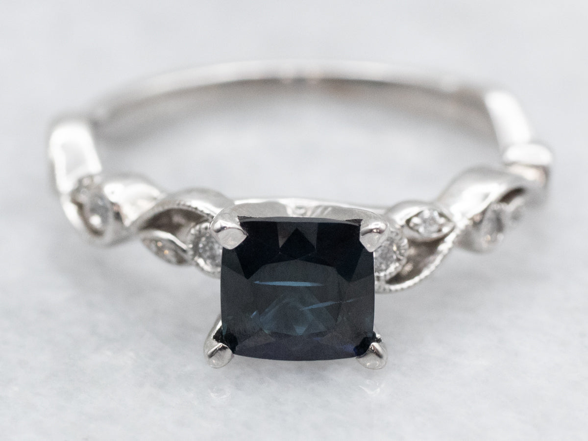 Pretty Sapphire and Diamond Engagement Ring with Swirl Shoulders