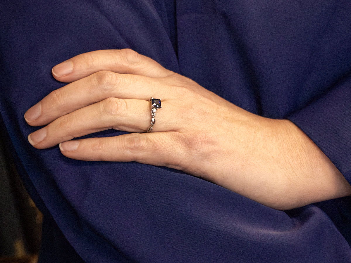 Pretty Sapphire and Diamond Engagement Ring with Swirl Shoulders