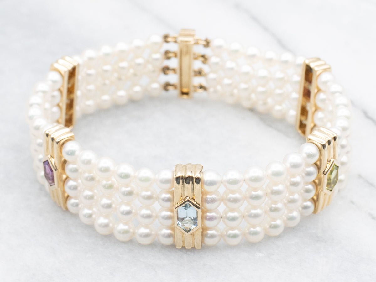 Four Strand Saltwater Pearl Bracelet with Rainbow Gem Accents
