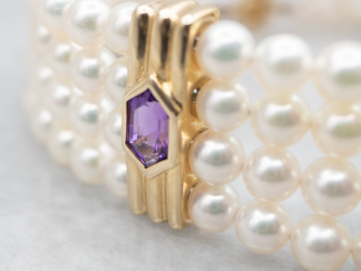 Four Strand Saltwater Pearl Bracelet with Rainbow Gem Accents