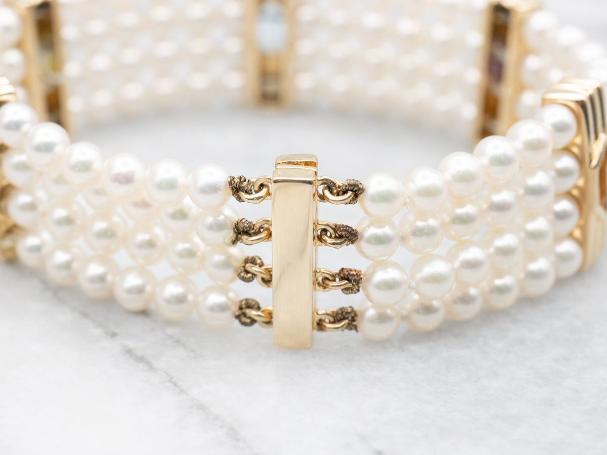 Four Strand Saltwater Pearl Bracelet with Rainbow Gem Accents
