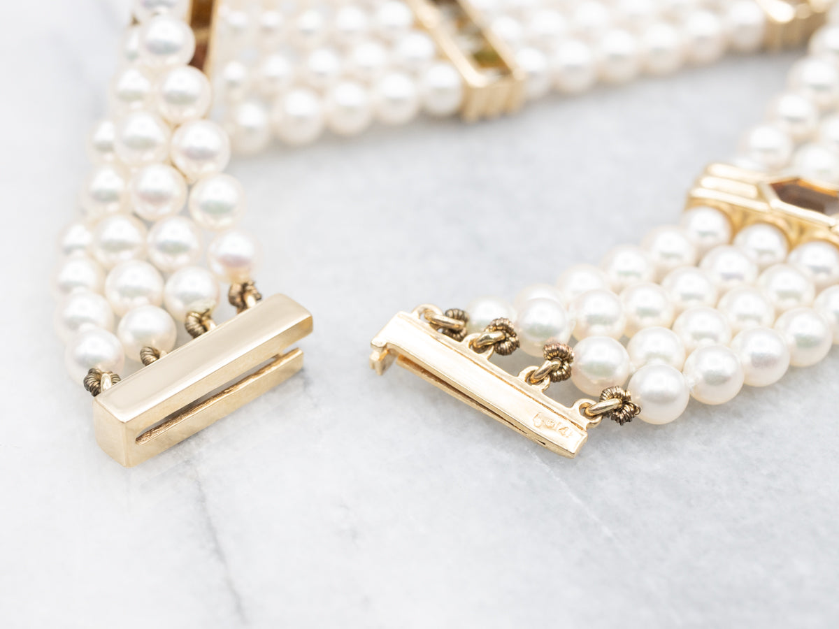 Four Strand Saltwater Pearl Bracelet with Rainbow Gem Accents