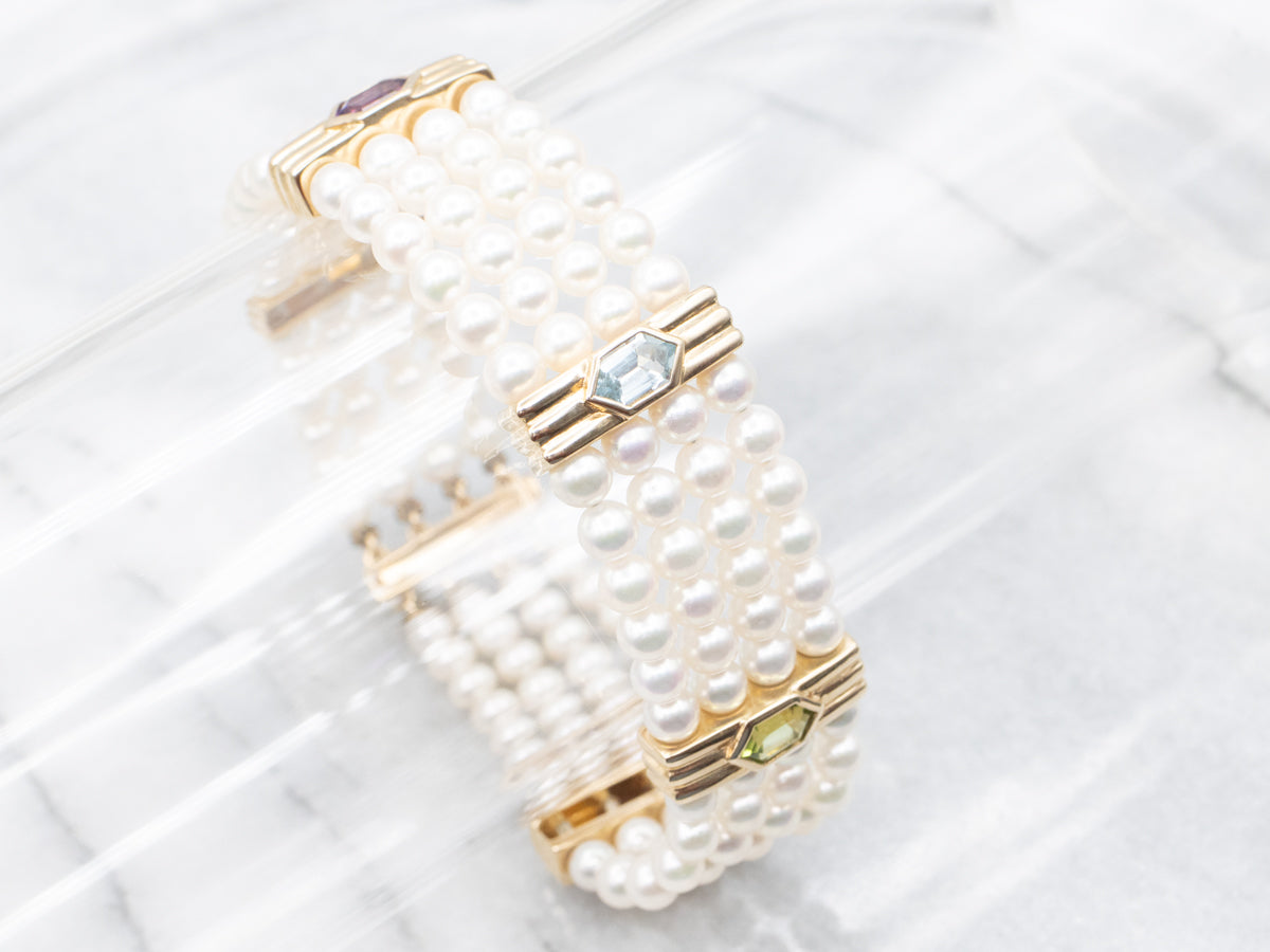 Four Strand Saltwater Pearl Bracelet with Rainbow Gem Accents
