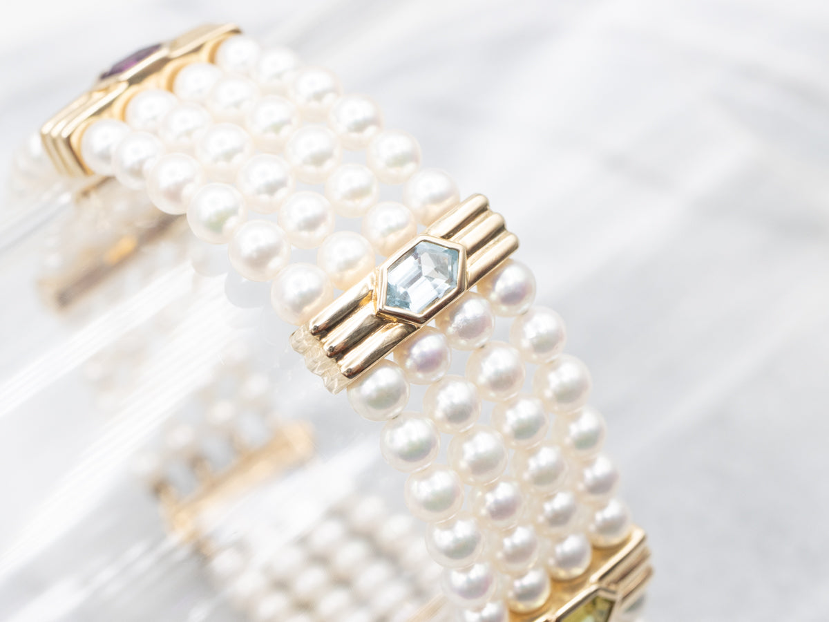 Four Strand Saltwater Pearl Bracelet with Rainbow Gem Accents