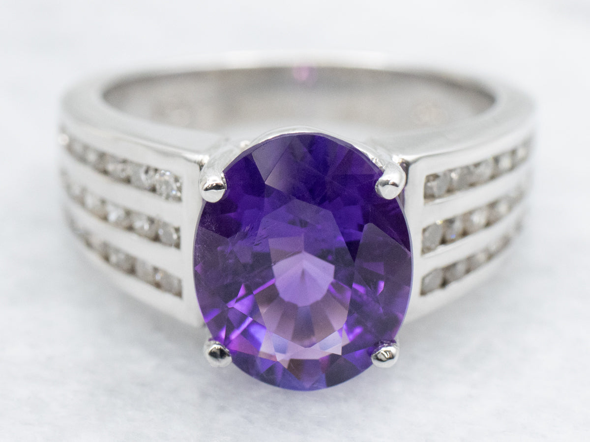 Modernist Amethyst and Diamond Statement Ring
