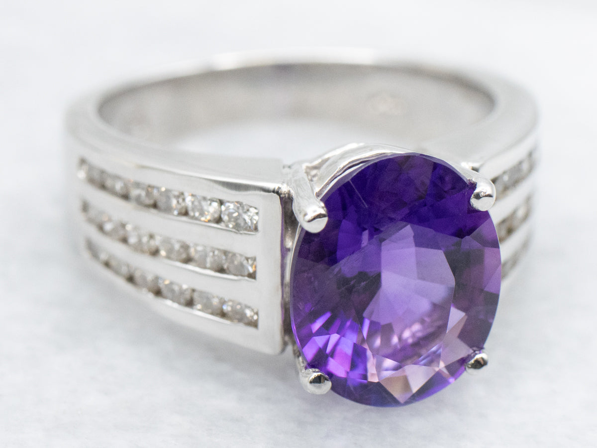 Modernist Amethyst and Diamond Statement Ring