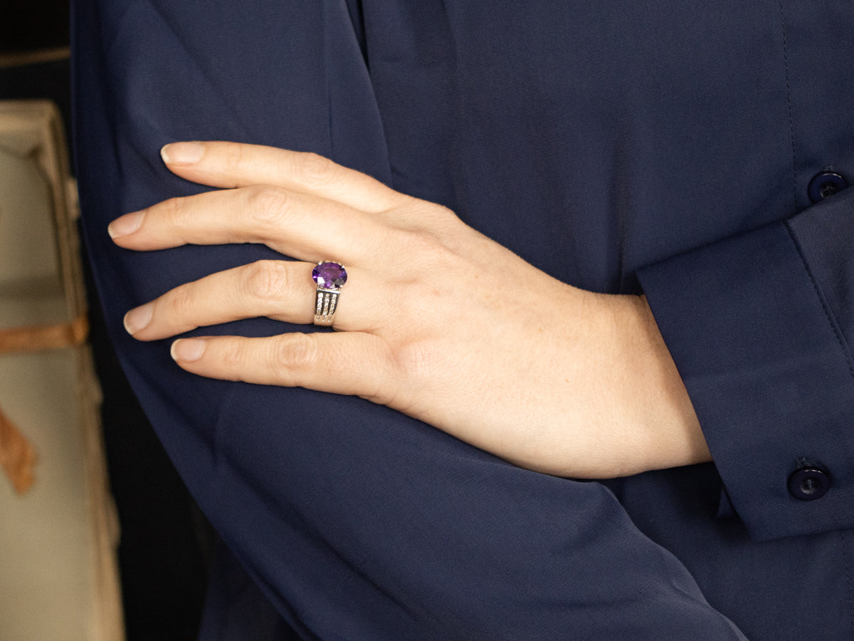 Modernist Amethyst and Diamond Statement Ring
