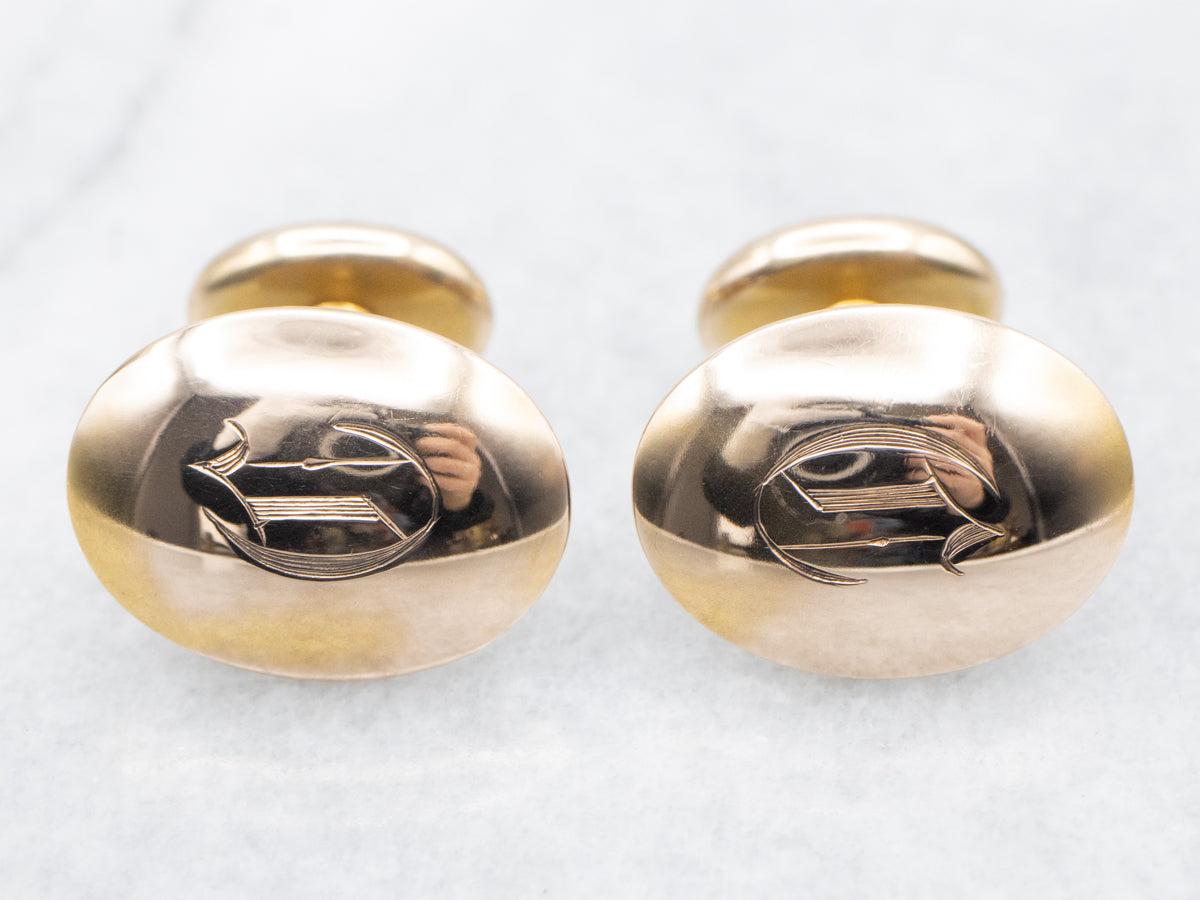 Exceptional Victorian Old English Engraved "C" Rose Gold Cufflinks