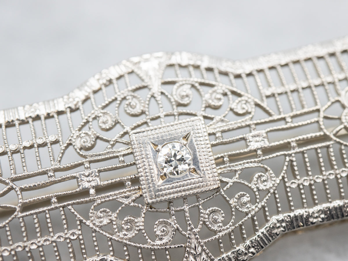 Outstanding Art Deco Filigree Brooch with Diamond Center