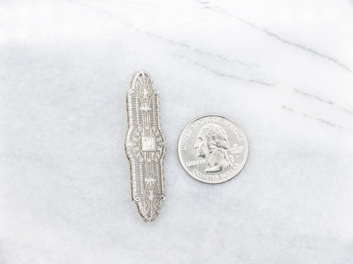 Outstanding Art Deco Filigree Brooch with Diamond Center