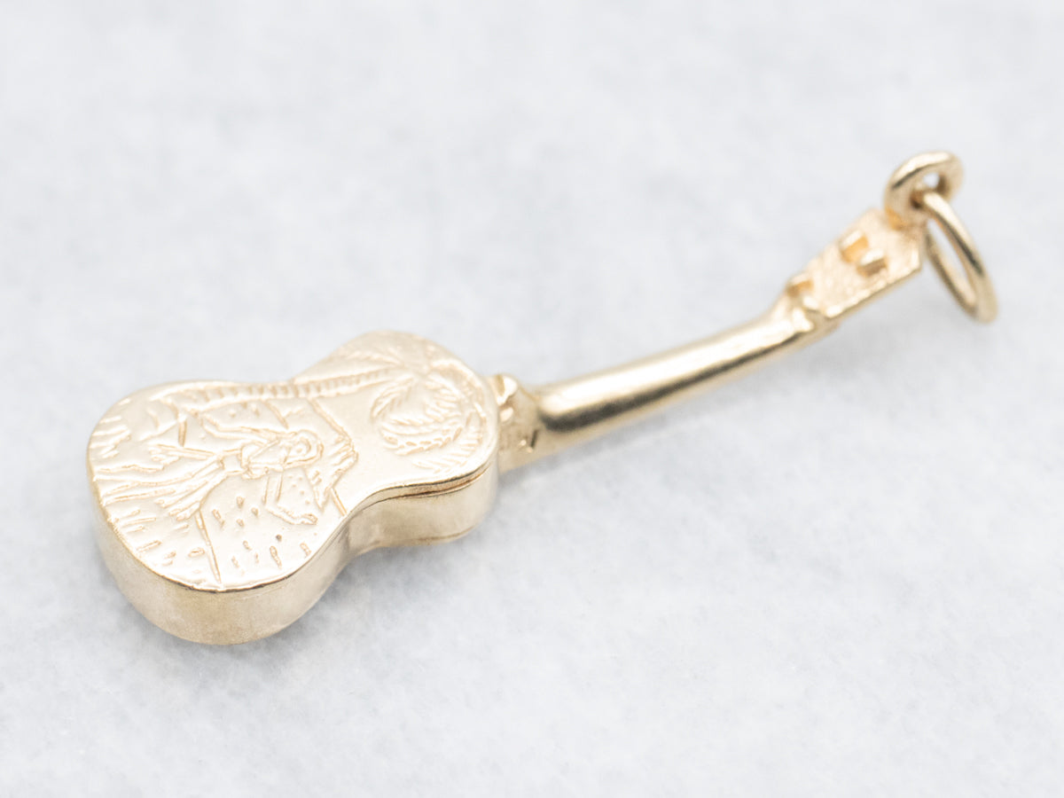 Hawaii Ukulele Gold Charm with Hula Dancer