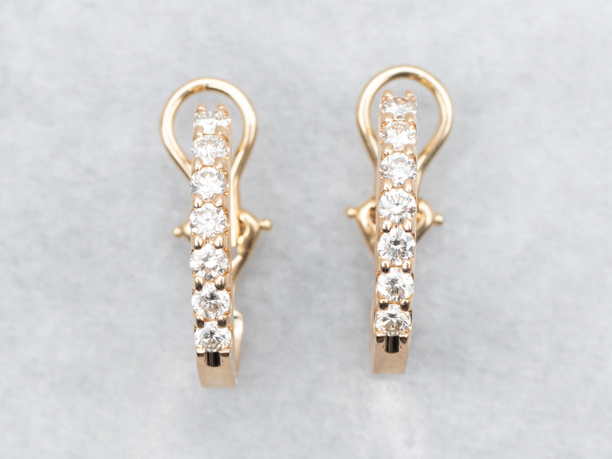 Yellow Gold J-Hoop Diamond Drop Earrings