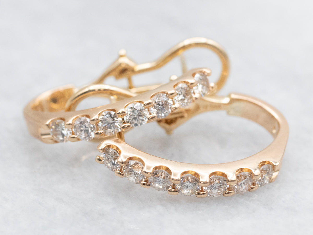 Yellow Gold J-Hoop Diamond Drop Earrings