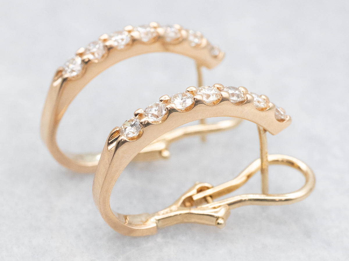 Yellow Gold J-Hoop Diamond Drop Earrings