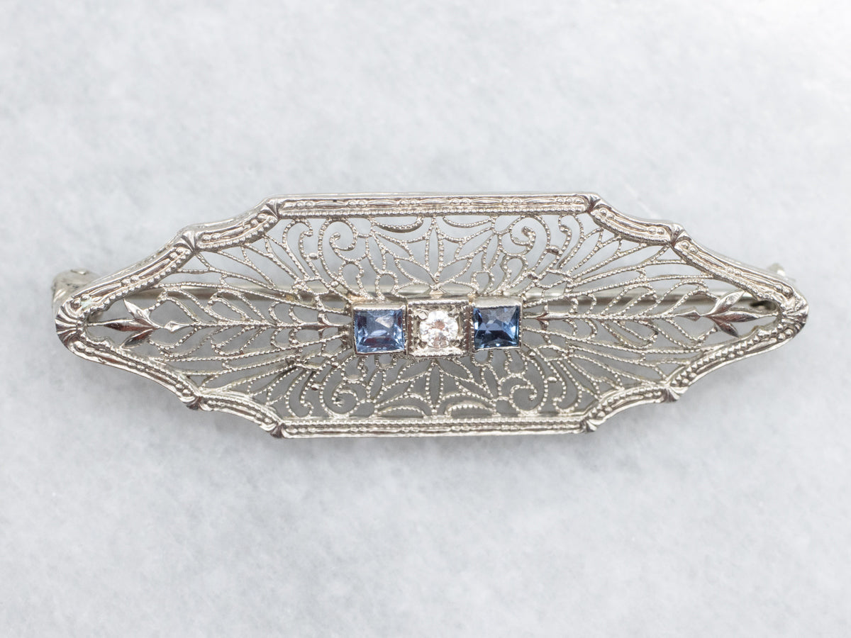 Art Deco Filigree Diamond and Sapphire Brooch