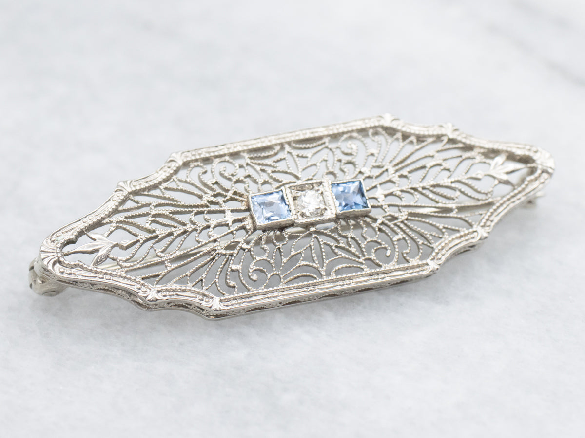 Art Deco Filigree Diamond and Sapphire Brooch