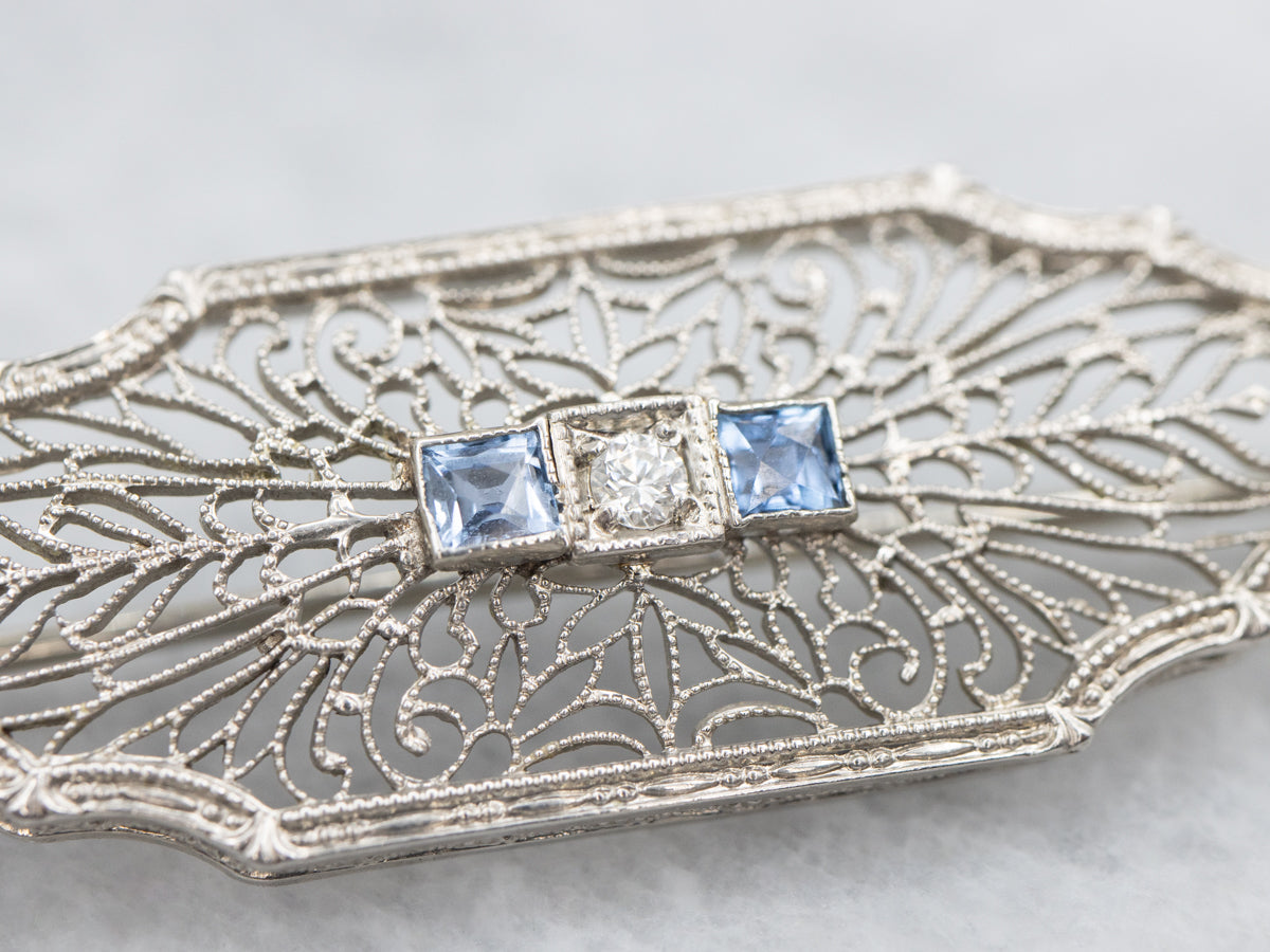 Art Deco Filigree Diamond and Sapphire Brooch