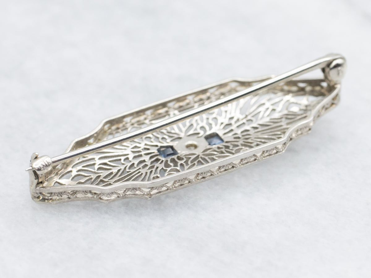 Art Deco Filigree Diamond and Sapphire Brooch