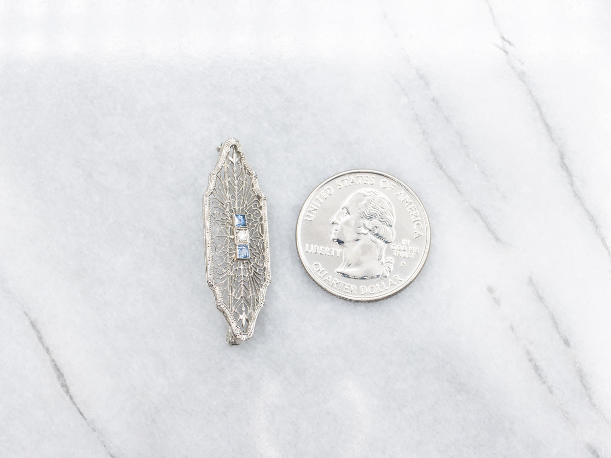 Art Deco Filigree Diamond and Sapphire Brooch