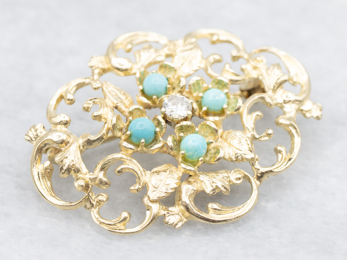 Diamond and Turquoise Ornate Gold Filigree Brooch