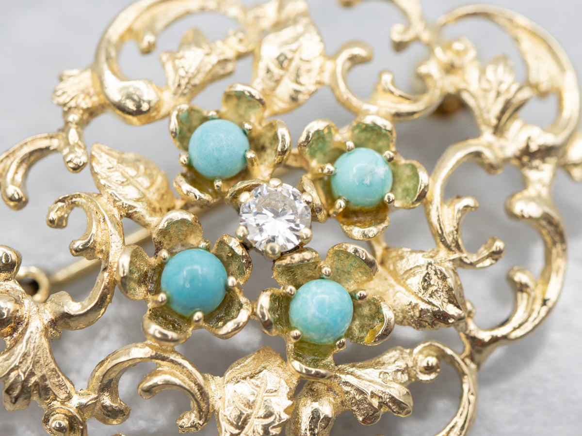 Diamond and Turquoise Ornate Gold Filigree Brooch