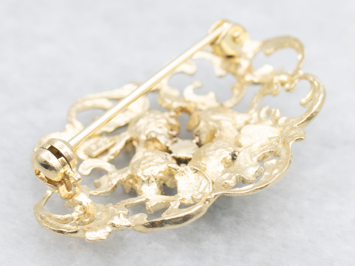 Diamond and Turquoise Ornate Gold Filigree Brooch