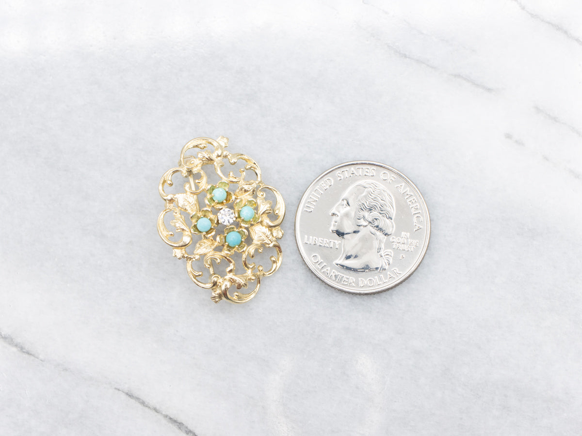 Diamond and Turquoise Ornate Gold Filigree Brooch