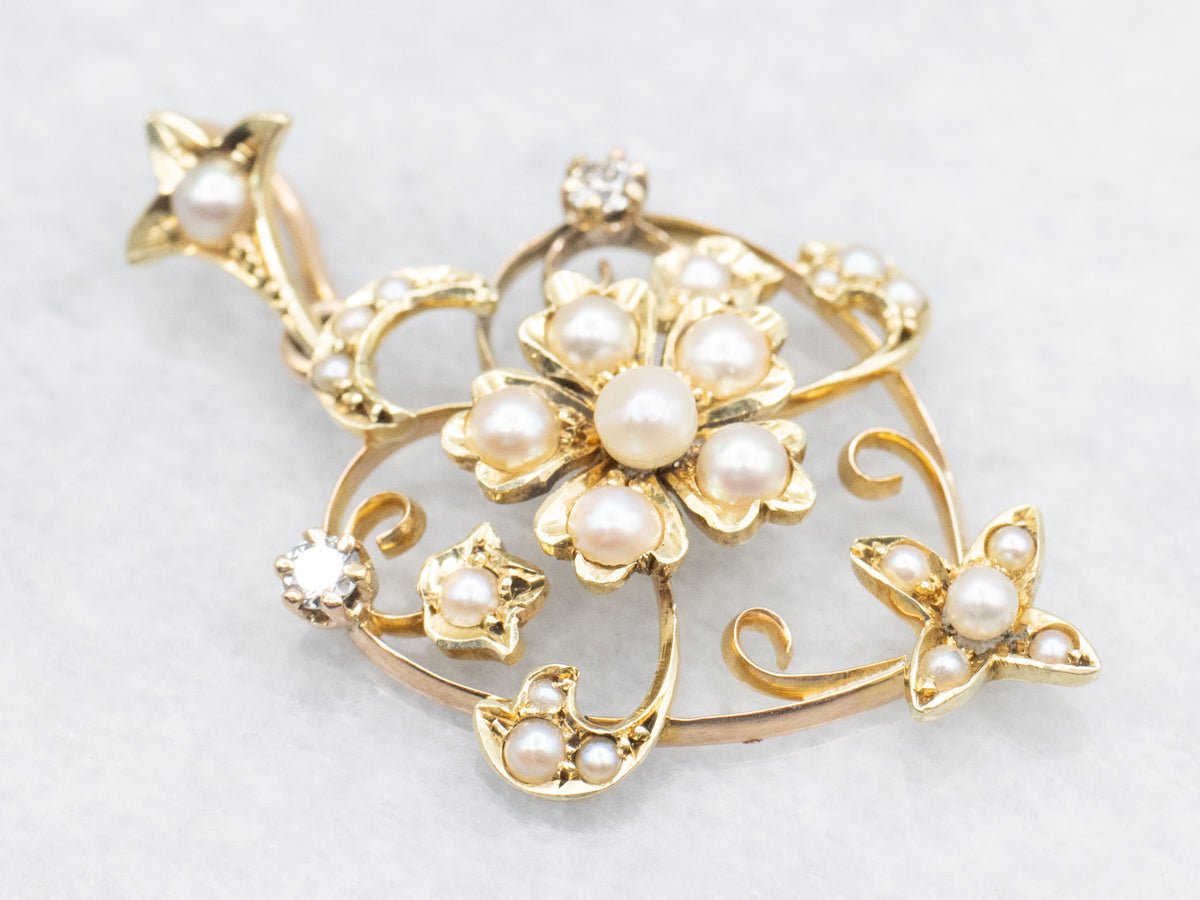 Gold Art Nouveau Pendant with Diamond and Pearl Accents