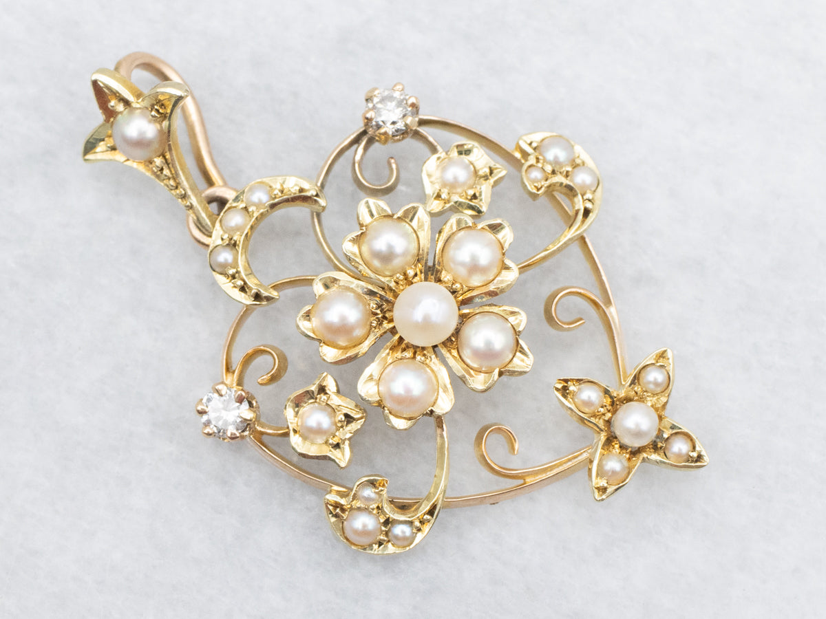 Gold Art Nouveau Pendant with Diamond and Pearl Accents