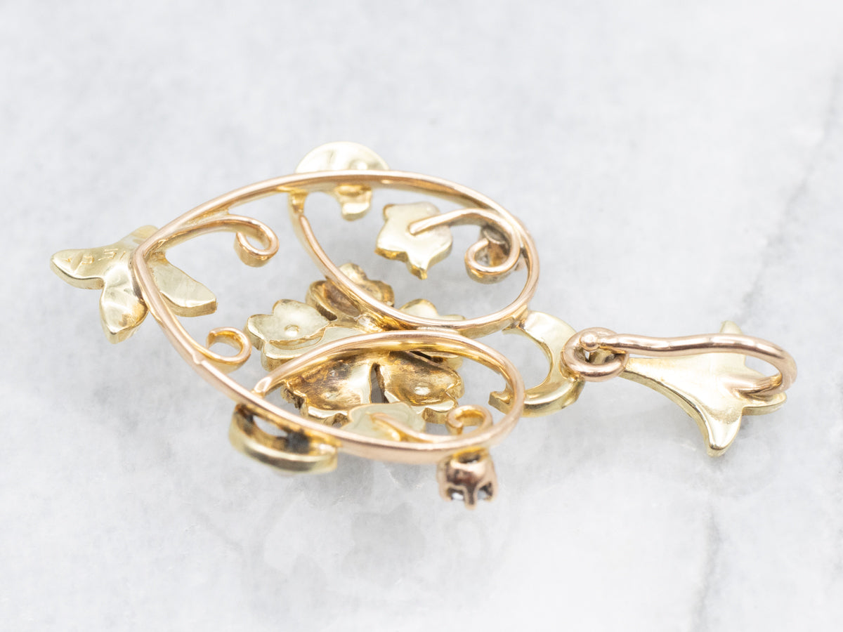 Gold Art Nouveau Pendant with Diamond and Pearl Accents