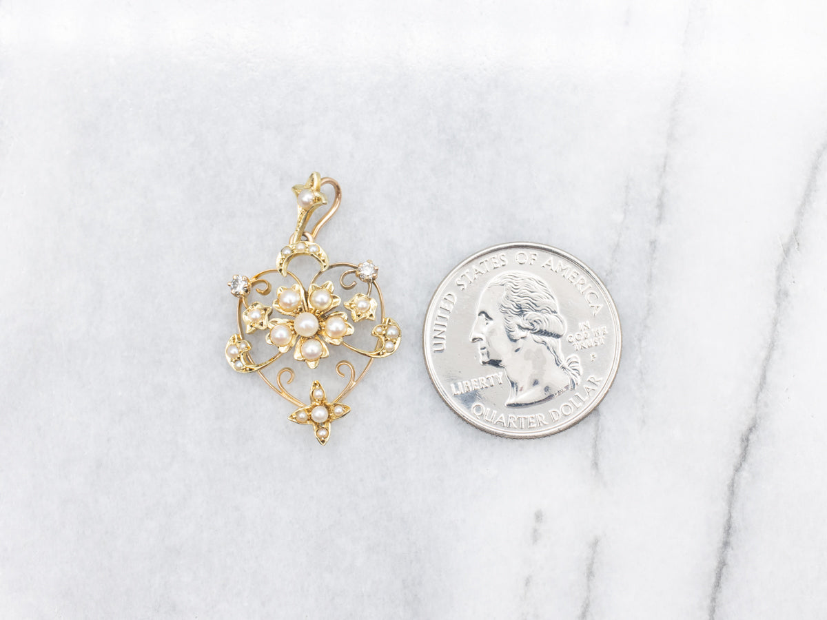 Gold Art Nouveau Pendant with Diamond and Pearl Accents