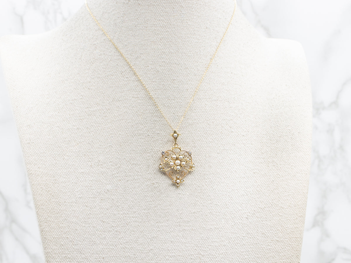 Gold Art Nouveau Pendant with Diamond and Pearl Accents