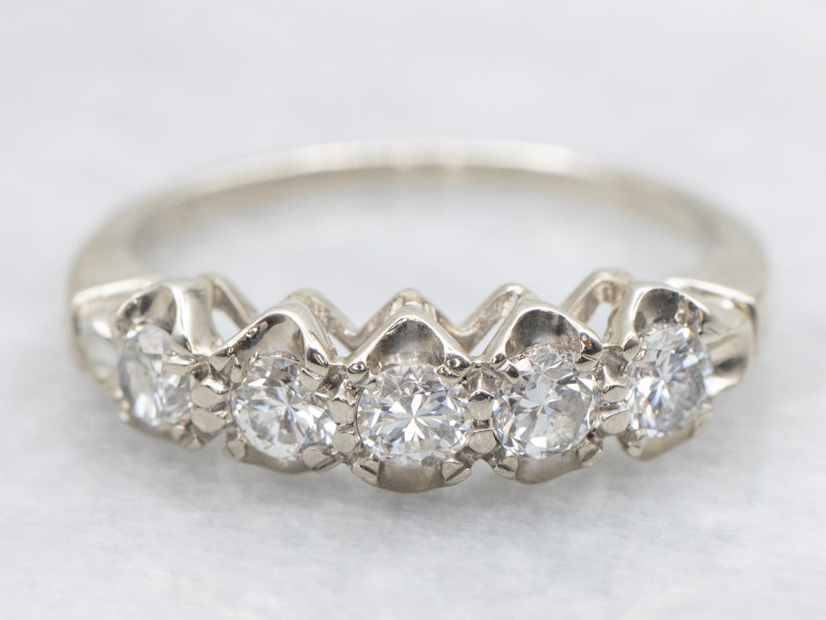 Polished White Gold Five Diamond Band