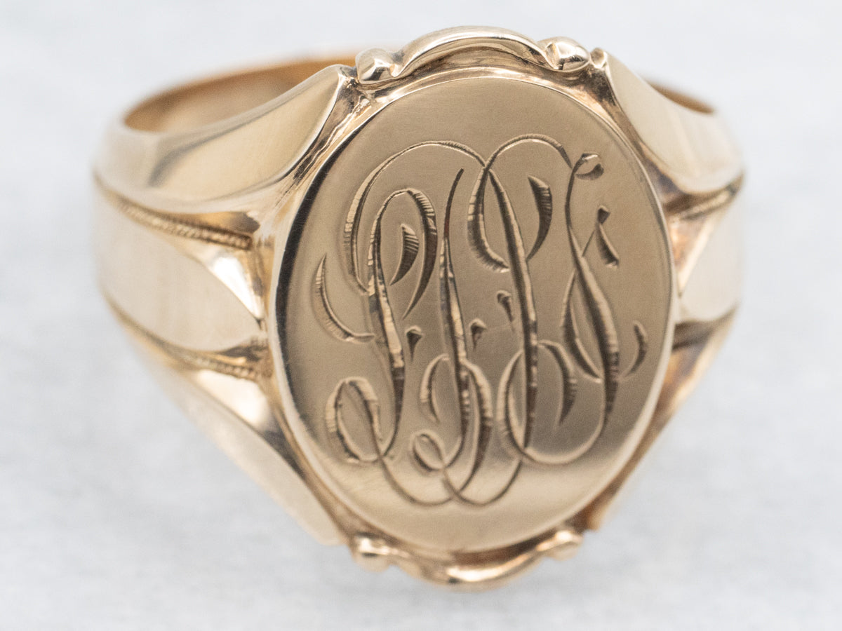 Vintage Gold Monogrammed "LAF" Unisex Signet Ring