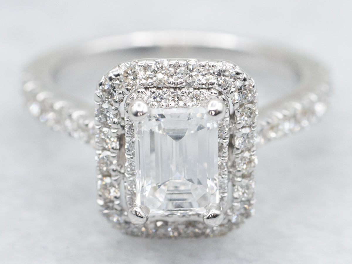 Modern Vera Wang Emerald Cut Diamond Halo Engagement Ring with Peekaboo Sapphire