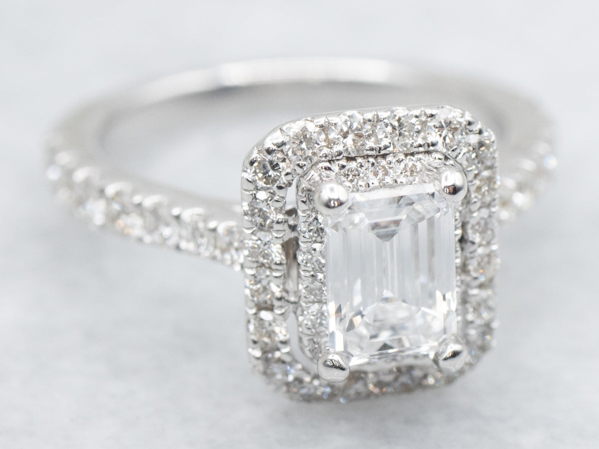 Modern Vera Wang Emerald Cut Diamond Halo Engagement Ring with Peekaboo Sapphire