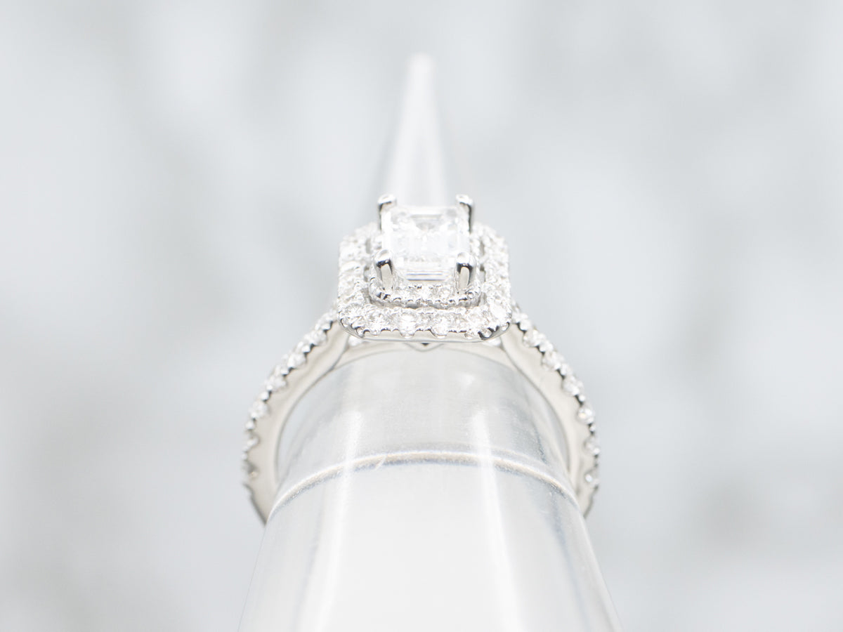 Modern Vera Wang Emerald Cut Diamond Halo Engagement Ring with Peekaboo Sapphire