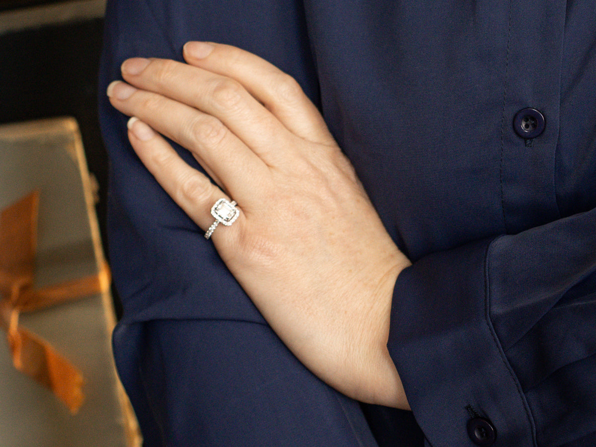 Modern Vera Wang Emerald Cut Diamond Halo Engagement Ring with Peekaboo Sapphire