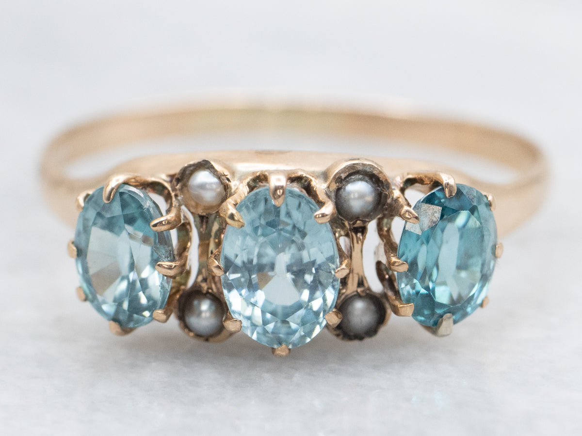 Blue Zircon and Seed Pearl Antique Rose Gold Ring