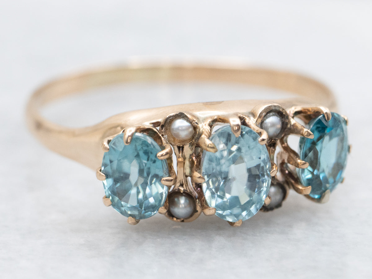 Blue Zircon and Seed Pearl Antique Rose Gold Ring